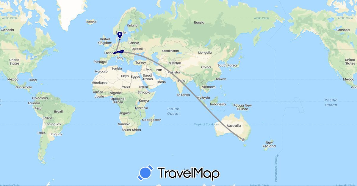 TravelMap itinerary: driving, bus, plane, train in Austria, Australia, Switzerland, Denmark, Liechtenstein, Sweden (Europe, Oceania)